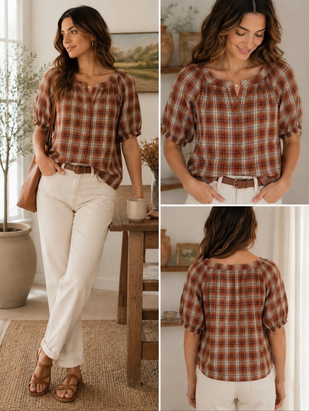 BeachLunchLounge Plaid Cotton Blouse XS Puff Sleeve Peasant Boho Cottagecore